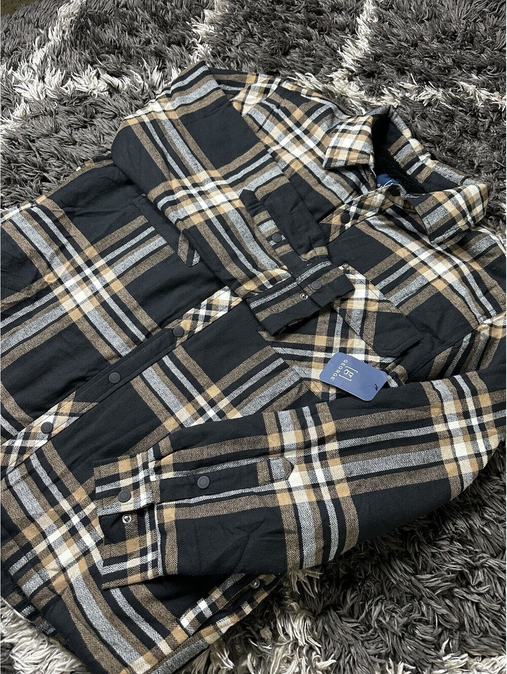 NWT George Mens XL Plaid Shacket Flannel Jacket Sherpa Fleece Lined Black Brown